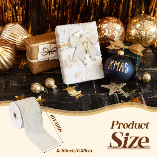 Vista 2 de Cinta de Navidad con purpurina con alambre de 2.5 pulgadas x 10 yardas, cinta metálica de Navidad decorativa para envolver regalos, decoración