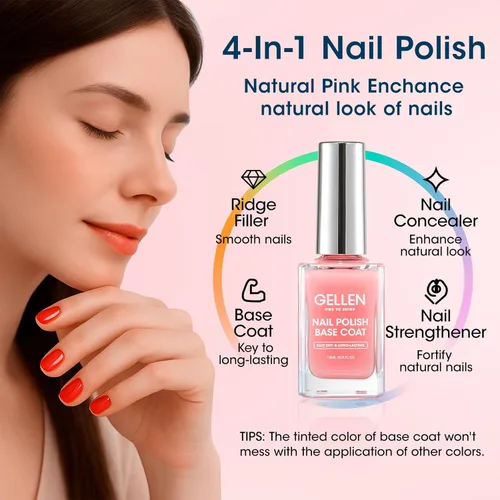 Vista 3 de GELLEN Esmalte de uñas base transparente, capa superior, base con tinte rosa claro y capa superior brillante sin necesidad de limpieza