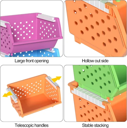 Vista 3 de Paquete de 4 cestas de almacenamiento de plástico apilables, contenedores de almacenamiento frontales abiertos