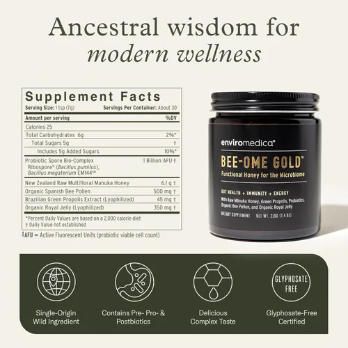 Vista 6 de Bee-Ome Gold by Enviromedica - Miel de manuka cruda sin pasteurizar con probióticos, jalea real, polen de abeja y propóleos, miel de superalimento