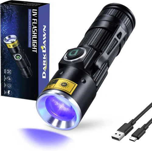 Vista 8 de DARKDAWN Linternas de luz UV de 395 nm USB recargable ultravioleta LED luz negra mini lámpara de madera portátil para detección de orina de gatos