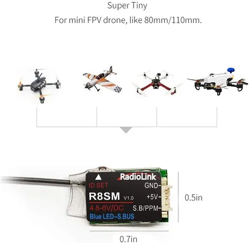 Vista 4 de Radiolink R8SM 2.4G 8 canales Mini receptor SBUS/PPM Control de largo alcance para FPV Micro Drone, Quadcopter, compatible con transmisor RC T8FB/T8S