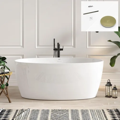 Vista 10 de FerdY Tahití - Bañera de acrílico independiente de 55 pulgadas, elegante bañera de remojo de forma ovalada, blanco brillante, drenaje dorado