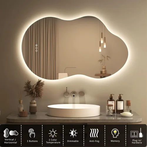 Vista 3 de SMIROR Espejo de baño retroiluminado irregular con luces de 20 x 36, espejo asimétrico de nube LED iluminado para pared, antiniebla, regulable