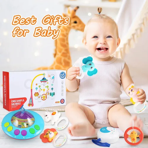 Vista 6 de VZO Cuna móvil con música y luces, móvil para cuna con control remoto, rotación, proyección de luz de estrellas, juguetes de cuna para bebés niños