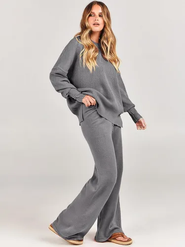 Vista 3 de ANRABESS - Conjuntos de 2 piezas para mujer, suéter de punto grueso de tamaño extragrande, pantalones de pierna ancha, conjunto de descanso