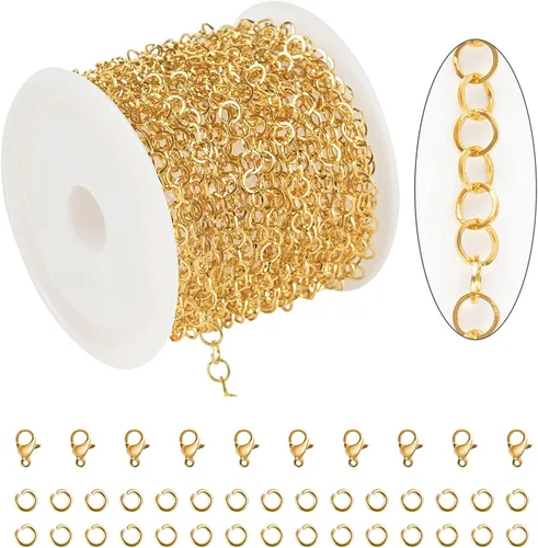 KYUNHOO Cadenas de acero inoxidable chapadas en oro de 16.4 pies, cadena de eslabones circulares de 0.157 in, a granel para mujeres, pulseras,