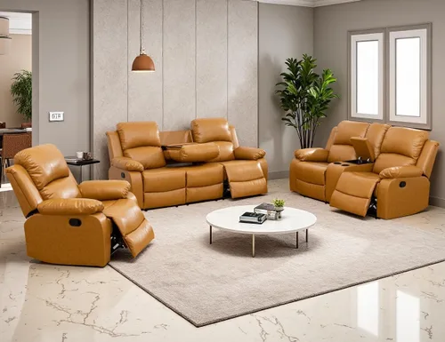 Vista 45 de Sofá reclinable manual, sofá reclinable de lujo de 3 plazas, sofá reclinable con portavasos y mesa de café, sofá de cuero sintético para sala