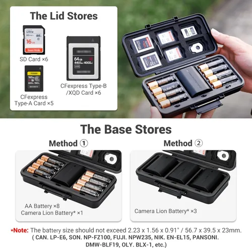 Vista 2 de JJC Estuche de almacenamiento multifunción para batería de cámara, tarjeta de memoria para 6 tarjetas SD, 6 tarjetas CFexpress tipo BXQD, 5 tarjetas