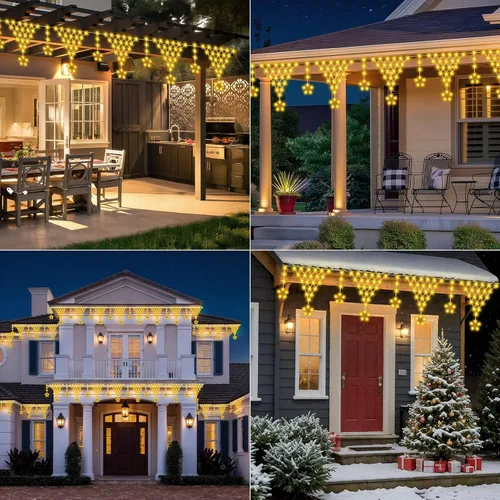 Vista 5 de luces de Navidad, 218 LED, 13.8 pies de luces de cortina de Navidad, decoraciones para balcones al aire libre con 12 gotas de estrellas