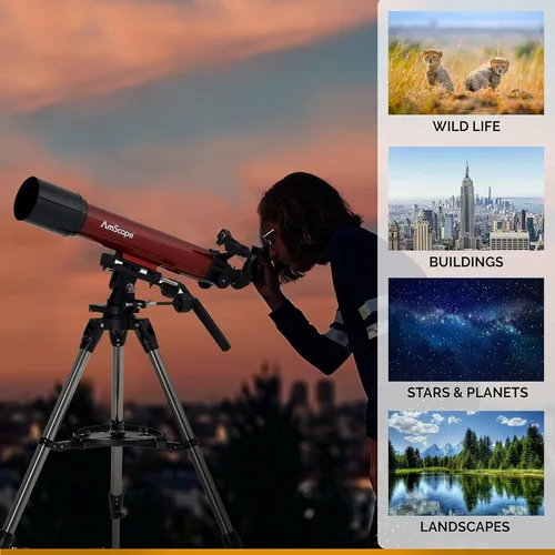 Vista 4 de AmScope Refractor ALT-AZ Telescopio con soporte de azimut de altitud, apertura de 4.016 in, longitud focal de 23.622 in, trípode de acero inoxidable