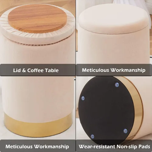 Vista 4 de Mxfurhawa Taburete otomano de terciopelo multiusos con base de metal, moderno taburete redondo para tocador, taburete otomano, soporte acolchado