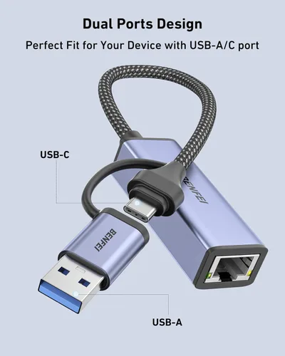Vista 3 de BENFEI Adaptador USB 3.0 a Ethernet, Adaptador USB C a RJ45 de LAN Gigabit (1000Mbps), Compatible con MacBook/Pro/Air, Surface Pro, Windows