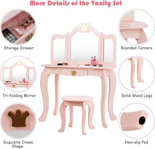 Vista 4 de KOTEK Juego de tocador para niños con espejo de tres pliegues, tocador de maquillaje de princesa con parte superior y cajón desmontables, juego