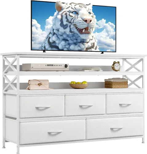 Vista 9 de Soporte de TV blanco para TV de 50 pulgadas, cómoda resistente para dormitorio con 5 cajones de tela y estantes abiertos de madera, cómoda