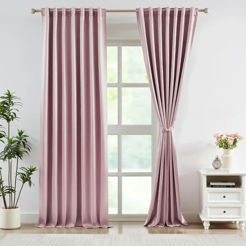 Vista 12 de Bujasso Cortinas de jacquard negras con bolsillo para barra, pestaña trasera y lazos de lujo, cortinas aisladas térmicamente para oscurecer
