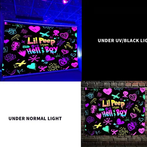 Vista 7 de PSYHILAR Tapiz de luz negra de Lil Peep para dormitorio, póster de luz negra de Hellboy, bandera UV de música de rapero (101.6 x 76.2 centímetros)