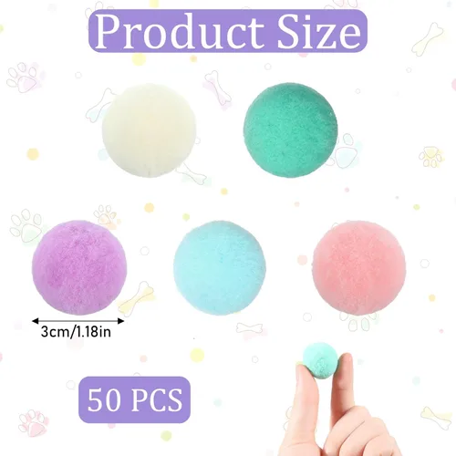 Vista 6 de Xthrotsenk 50 bolas de juguete para gatos de 1.2 pulgadas, coloridas bolas de pompón para gatos, bolas interactivas suaves para gatitos, juguetes