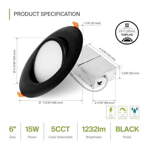 Vista 2 de ASD Luz empotrable LED cardán de 6 pulgadas, 15 W, 1230 lm, 2700 K/3000 K/3500 K/4000 K/5000 K seleccionable, iluminación ajustable direccional