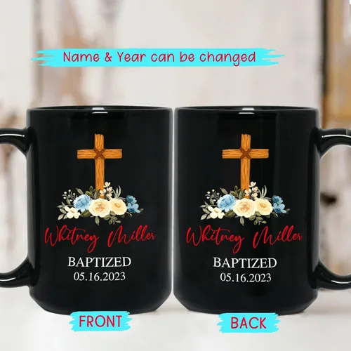 Vista 2 de Personalized Baptism Coffee Mug Gift With Baby Name & Date Baptized, Customized Baby Baptism Christening Black Ceramic Mug Gift For Dad Mom
