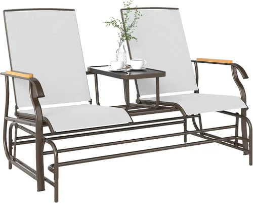 Vista 10 de Outsunny Banco planeador para 2 personas para exteriores, silla de columpio para patio, sofá biplaza con malla transpirable, mesa, marco de acero