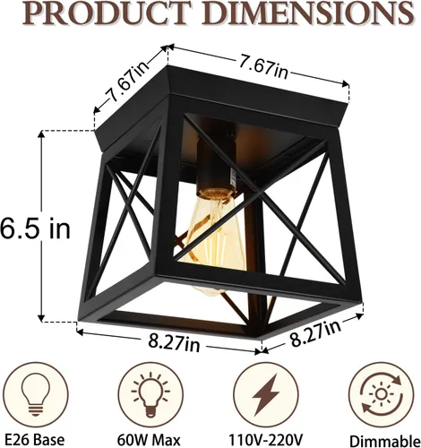 Vista 2 de 1 Light Black Industrial Flush Mount Ceiling Light Fixture - Square Farmhouse Caged Ceiling Light for Closet Kitchen Hallway Porch, E26, Dimmable
