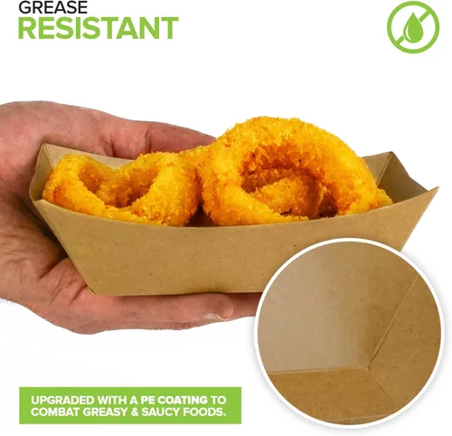 Vista 5 de Paquete de 100 bandejas de comida de papel kraft marrón de 2 libras, bote de alimentos de papel resistente, bandejas desechables para aperitivos