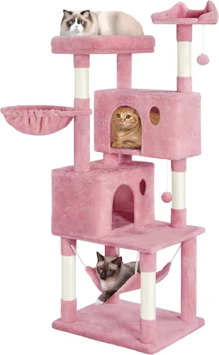 Vista 29 de Yaheetech - Árbol para gatos de 64.5 pulgadas con poste rascador, cama para gatos con cubierta de felpa y hamaca, plataforma, percha para gatos