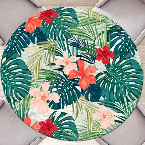 Round Tablecloth Palm Flowers Fitted Tablecloth with Elastic Round Outdoor Tablecloths for Tables Waterproof Reusable Table Cover for Indoor and