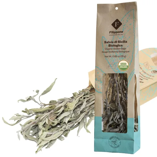 FILIPPONE - Salvia seca orgánica, 25 g (0.88 oz) Rama de salsa italiana fragante, certificado USDA orgánico, relajación, aromaterapia y manualidades