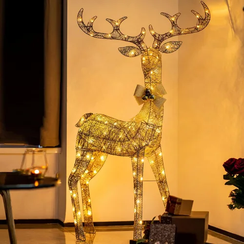Vista 2 de YULETIME Hebilla de Navidad preiluminada de 60 pulgadas de alto, con purpurina iluminada dorada y 120 luces LED blancas cálidas para decoración