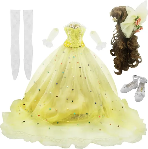 Proudoll Ropa de muñeca BJD de 1/3, hermoso vestido amarillo, conjunto de atuendo de aspecto de princesa, compatible con muñecas SD de 1/3 de 23.6
