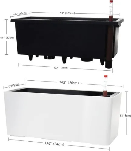 Vista 5 de SAROSORA Maceta rectangular de riego automático de 14 pulgadas con indicadores de nivel de agua para plantas y flores, hogar, jardín, exterior