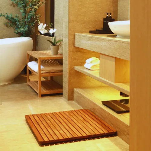 Vista 6 de Alfombrilla de ducha y baño de estilo nórdico Premium de teca para uso interior + exterior Plataforma de madera antideslizante para spa, sauna