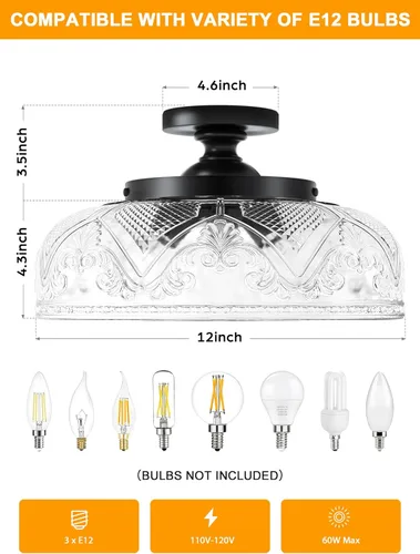 Vista 7 de Lámpara de Techo Semiempotrada, Luminaria de Techo Grande Negra de 12 Pulgadas, Luminaria de Cocina Industrial de 3 Luces con Globo de Cristal