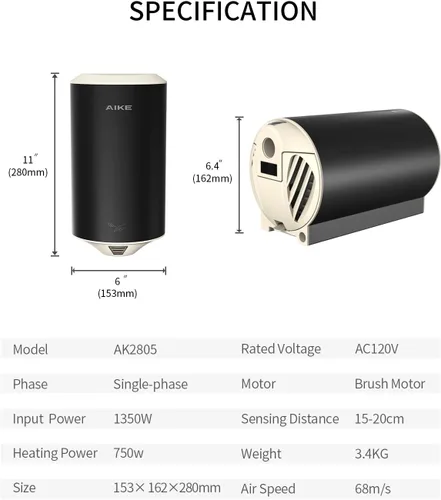 Vista 8 de AIKE El secador de manos compacto del foco del aire UL enumeró la aduana oscura de la cerveza 120V 1350W