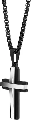 Vista 3 de Edforce Stainless Steel Collar con colgante de cruz de doble capa para hombre, cadena de caja de 24 pulgadas