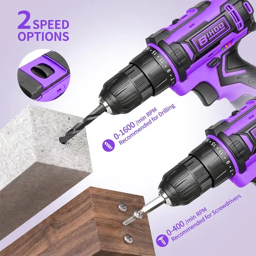 Vista 6 de Purple 20V Cordless Drill Electric Drill set, Electric Screwdriver with 2 Batteries & Charger, 3/8" Keyless Chuck, 25+1 Torque 2-Speed Hammer Drill