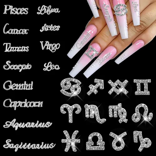 24 dijes de uñas del zodiaco de aleación plateada, 12 aretes de uñas de signos del zodiaco y 12 dijes de uñas de palabras de constelación para 24