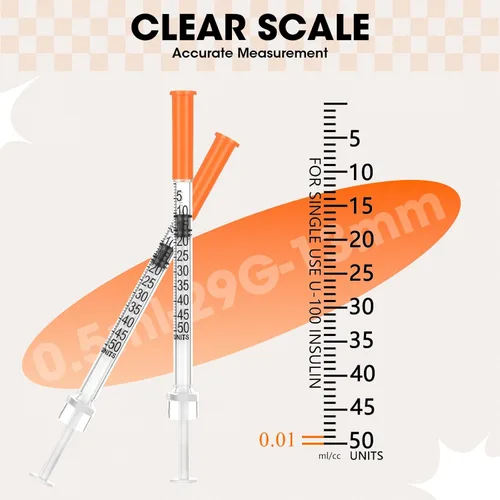 Vista 5 de Jeringa de 0.5 ml con tapa, 29G 1/2" 13mm 1/2cc, jeringas desechables en paquete individual, paquete de 20