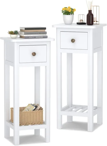 Vista 10 de Giantex - Mesa auxiliar alta, mesa auxiliar estrecha con cajón y estante, mesa de noche de madera de acacia para sala de estar, mesa auxiliar de 2