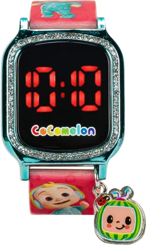 Vista 2 de Accutime CoComelon JJ - Reloj de pulsera LED de cuarzo digital rojo con correa JJ roja y dije colgante de CoComelon (Modelo CCM4009AZ), Rojo