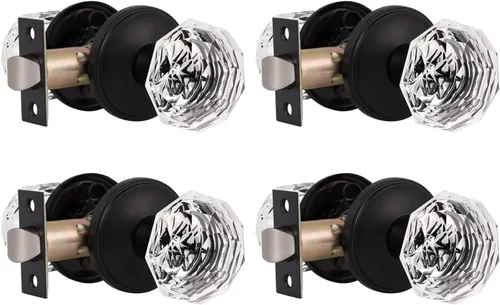 Vista 23 de Gobrico Pomo de puerta de cristal para dormitorio y baño con roseta clásica negro mate, diamante transparente octogonal para puerta interior, 1