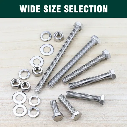 Vista 4 de (5 juegos) Kit de tornillos y tuercas hexagonales de 1/2-13 x 1, acero inoxidable 304 (18-8), totalmente roscado, arandelas planas y de bloqueo