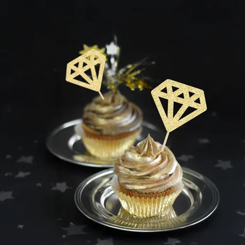 Vista 8 de 24 piezas de anillos de diamantes para cupcakes, anillos de boda con purpurina dorada para boda, compromiso, aniversario, fiesta de San Valentín