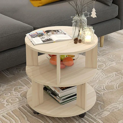 Vista 2 de Mesa auxiliar redonda moderna con almacenamiento, mesita de noche con estantes de 2 niveles, mesa de centro pequeña de madera con ruedas, mesa