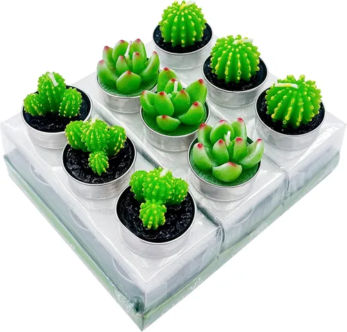 Vista 2 de 9 velas de té de cactus sin perfume con multicolor, velas de té de parafina, mini velas de mesa para el hogar, bodas, cumpleaños, velas decorativas