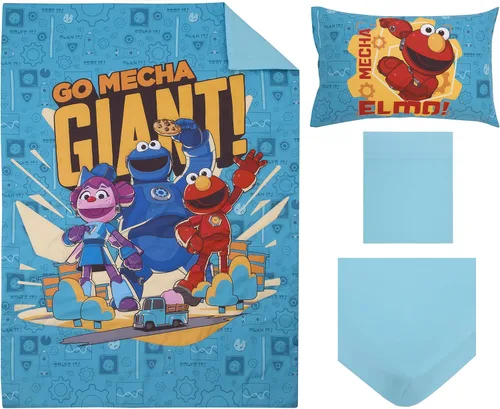 Vista 8 de NoJo Sesame Street Mecha Builders - Juego de ropa de cama infantil de 4 piezas con monstruo de galletas, Elmo y Abby - edredón, sábana bajera