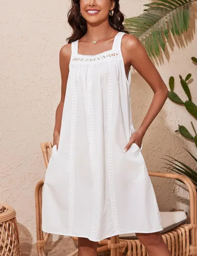 Vista 4 de YOZLY - Camisones de algodón sin mangas para mujer, camisón de tanque de noche con bolsillos A-Solid Blanco