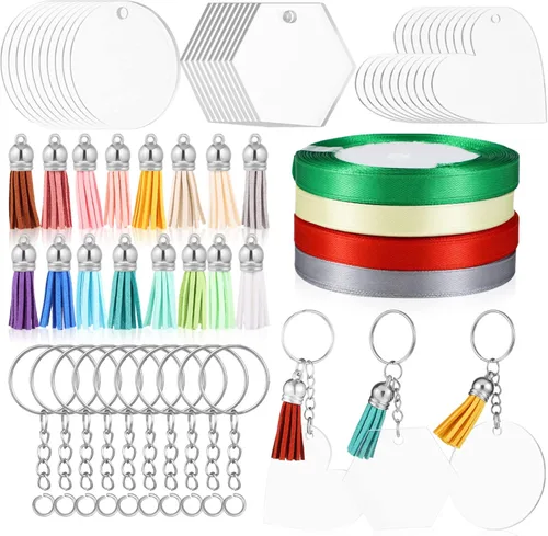 Llavero de acrílico en blanco, 36 piezas de llavero de acrílico en blanco con 36 borlas decorativas y anillos de salto, 4 rollos de cintas, discos